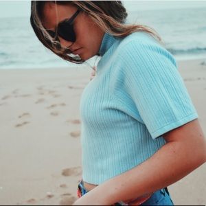 Pale Blue Cropped Ribbed Short Sleeve Shirt